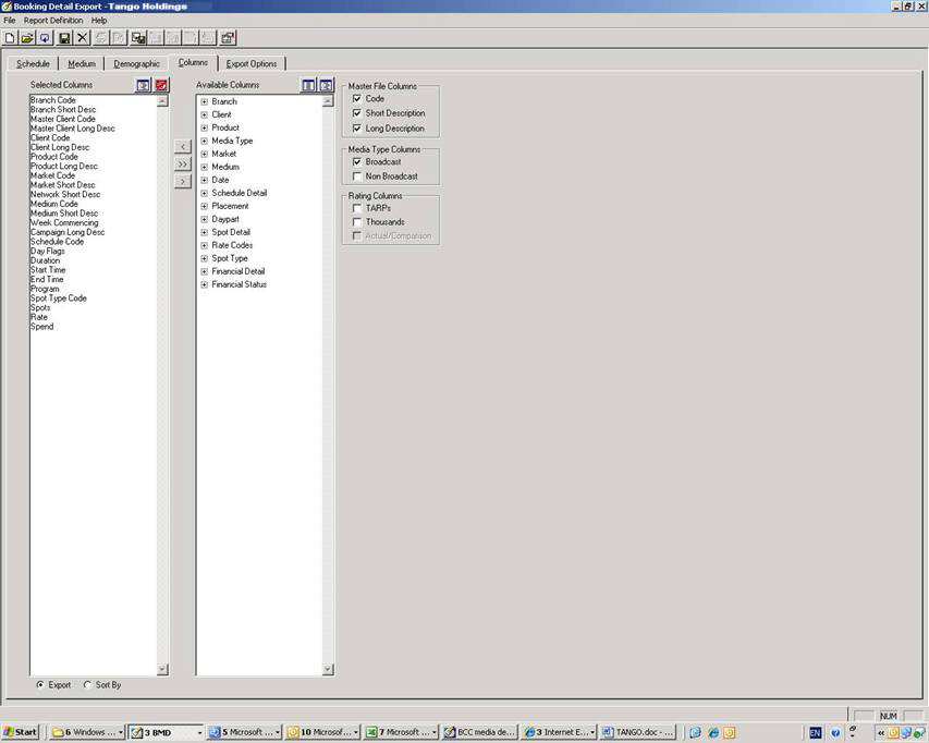 BCC Tango Holding report columns